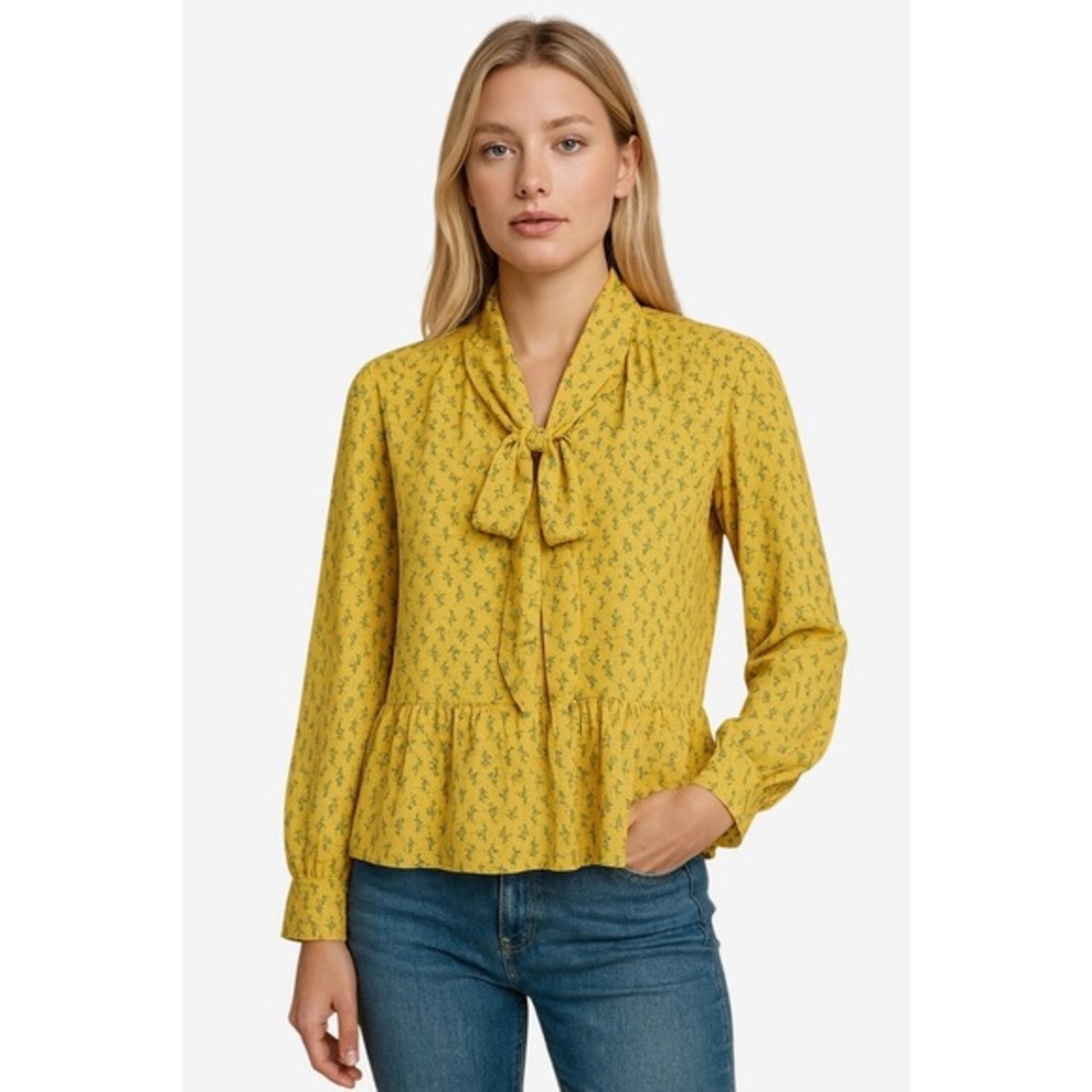 Loft Yellow Floral Tie Neck Peplum Blouse Long Sleeve Top LP Cottagecore 72-35